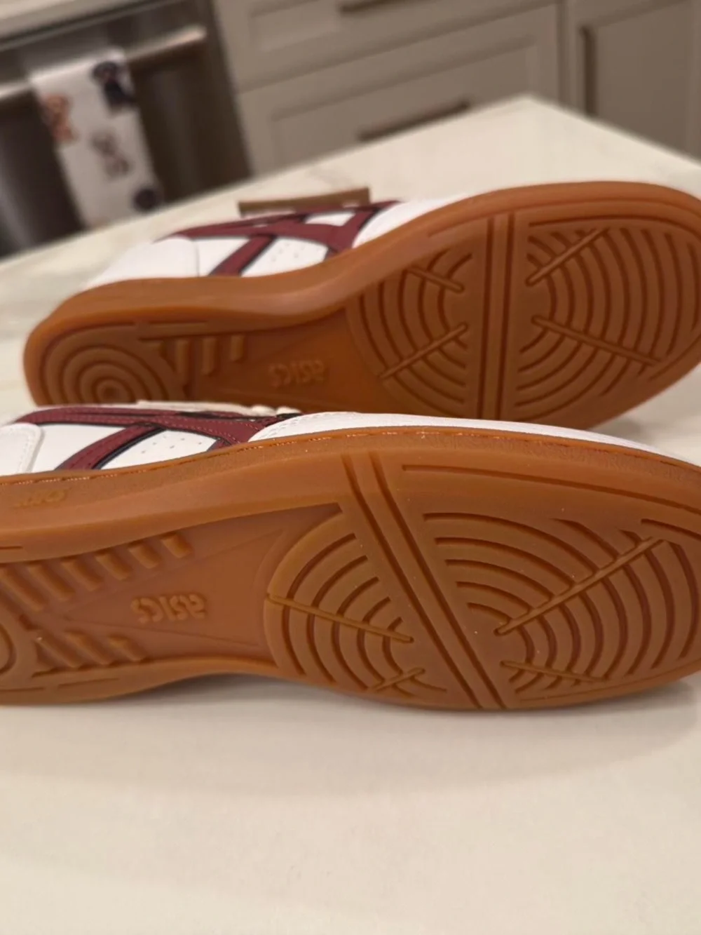 ASICS White Sneakers with Maroon Stripes and Gum Sole